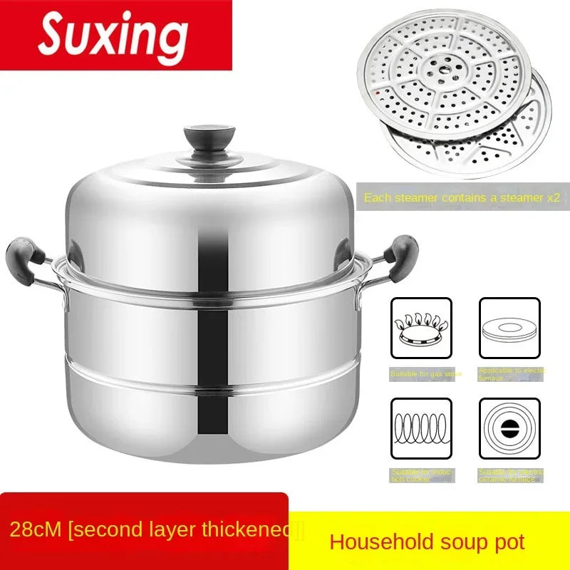 Stainless Steamer Three-Layer Steamed Bread Steamer Thickened Two-Layer Household Small Gas Stove Pot  with Cover Single Bottom