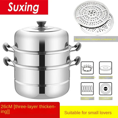 Stainless Steamer Three-Layer Steamed Bread Steamer Thickened Two-Layer Household Small Gas Stove Pot  with Cover Single Bottom