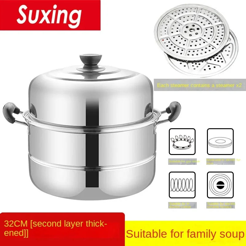 Stainless Steamer Three-Layer Steamed Bread Steamer Thickened Two-Layer Household Small Gas Stove Pot  with Cover Single Bottom