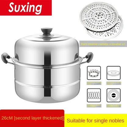 Stainless Steamer Three-Layer Steamed Bread Steamer Thickened Two-Layer Household Small Gas Stove Pot  with Cover Single Bottom