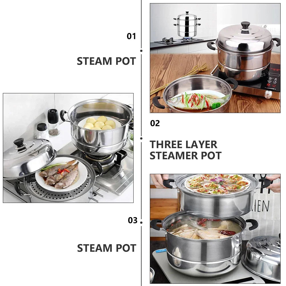 Stainless Steel Steamer Induction Pans Convenient Kitchen Cookware Useful Steaming Pot Stackable Double Layer Home