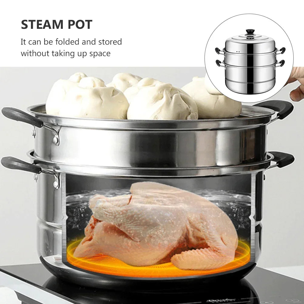 Stainless Steel Steamer Induction Pans Convenient Kitchen Cookware Useful Steaming Pot Stackable Double Layer Home
