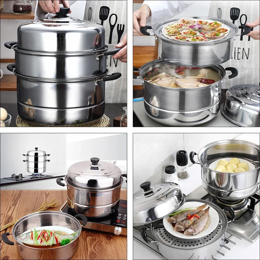 Stainless Steel Steamer Induction Pans Convenient Kitchen Cookware Useful Steaming Pot Stackable Double Layer Home
