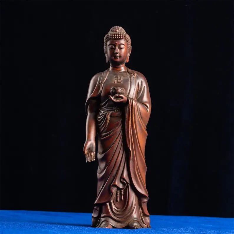 Standing Buddha Wooden Statue, West God Retro Artistry, Antique Sculpture for Home Room and Desk Aesthetic Collection Decoration