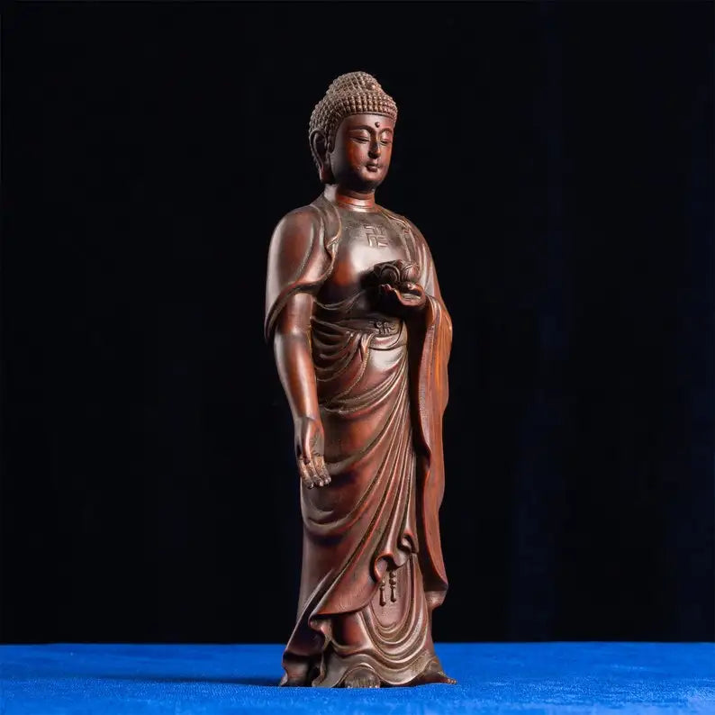 Standing Buddha Wooden Statue, West God Retro Artistry, Antique Sculpture for Home Room and Desk Aesthetic Collection Decoration