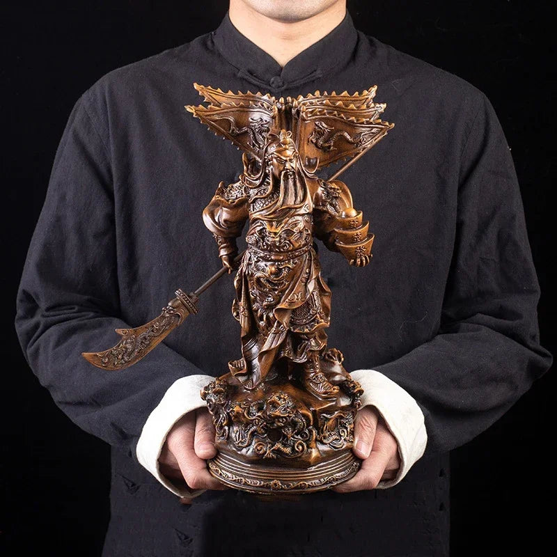 Statue of the God of Wealth, Guan Gong Kowloon，Resin Imitation wood grain God of War Guan Yu Home room loft office lucky statue