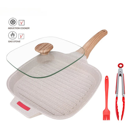 Steak Frying Pan Non-Sticky Griddle Steak Pan With Glass Lid Meats Fish Breakfast Pans Induction Gas Universal
