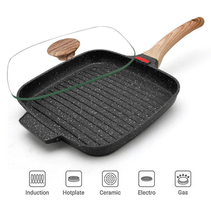 Steak Frying Pan Non-Sticky Griddle Steak Pan With Glass Lid Meats Fish Breakfast Pans Induction Gas Universal