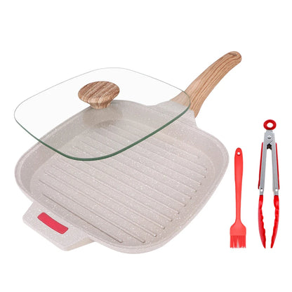 Steak Frying Pan Non-Sticky Griddle Steak Pan With Glass Lid Meats Fish Breakfast Pans Induction Gas Universal