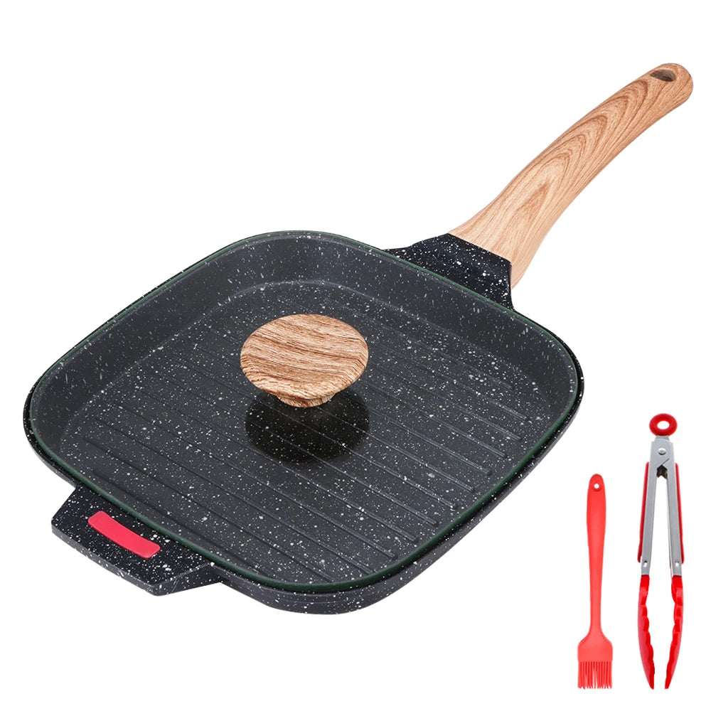 Steak Frying Pan Non-Sticky Griddle Steak Pan With Glass Lid Meats Fish Breakfast Pans Induction Gas Universal