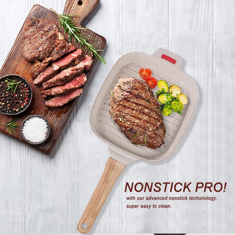 Steak Frying Pan Non-Sticky Griddle Steak Pan With Glass Lid Meats Fish Breakfast Pans Induction Gas Universal