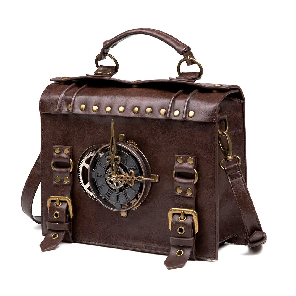 Steam Punk Retro Motorcycle Bag Women PU leather Bag Shoulders Bag Rivet Gear Time Clock Handbag