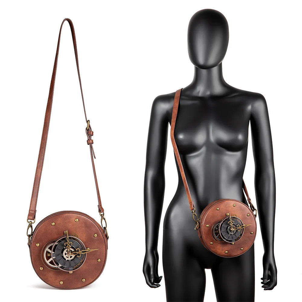 Steam Punk Retro Motorcycle Bag Women PU leather Bag Shoulders Bag Rivet Gear Time Clock Handbag