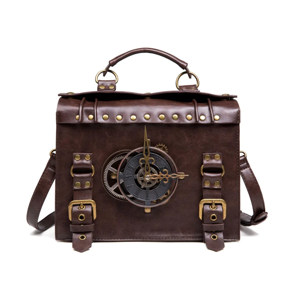 Steam Punk Retro Motorcycle Bag Women PU leather Bag Shoulders Bag Rivet Gear Time Clock Handbag