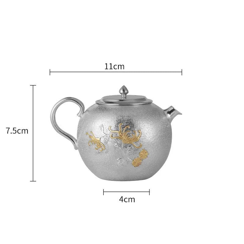 Sterling Silver 999 Teapot Handmade Tea Set Vintage Teapot Kettle Chinese Coffee Pots Home Office Tea Ceremony Set Gift 200CC