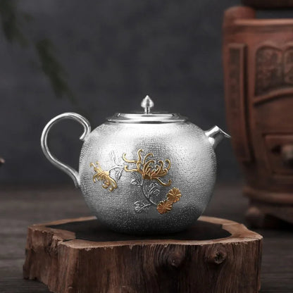 Sterling Silver 999 Teapot Handmade Tea Set Vintage Teapot Kettle Chinese Coffee Pots Home Office Tea Ceremony Set Gift 200CC