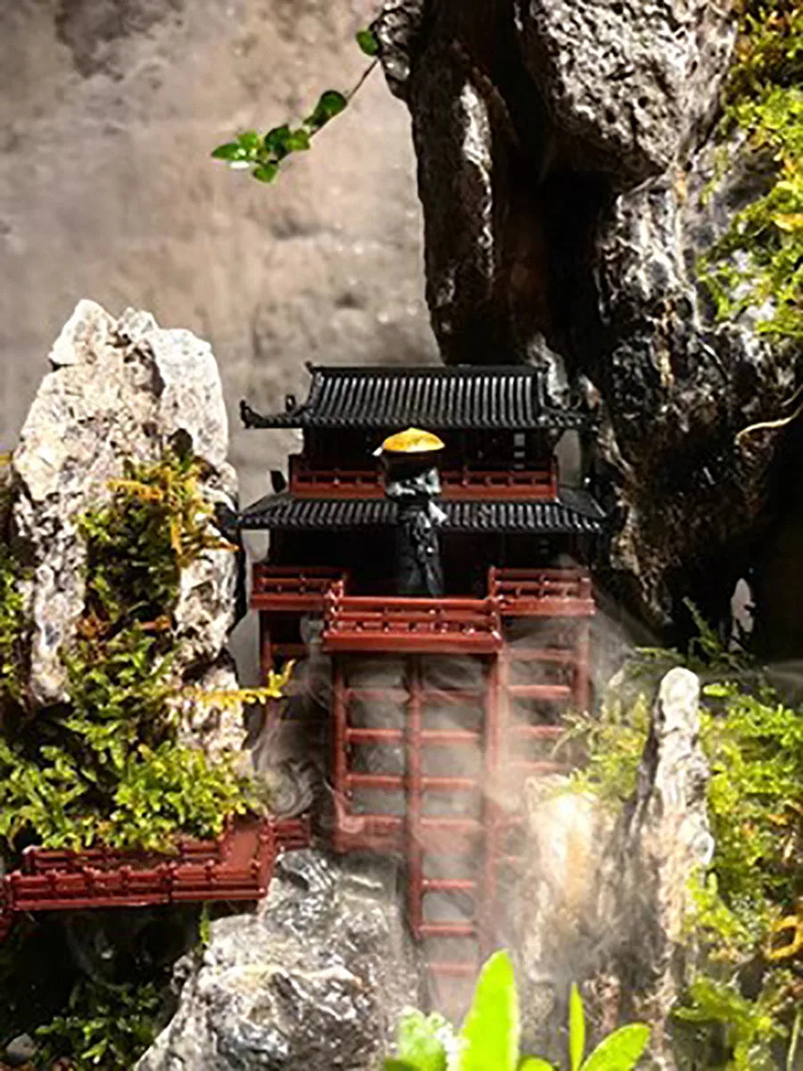 Stilted building landscape small ornaments, ancient architectural models, fake mountains,fish tanks, courtyard bonsai material