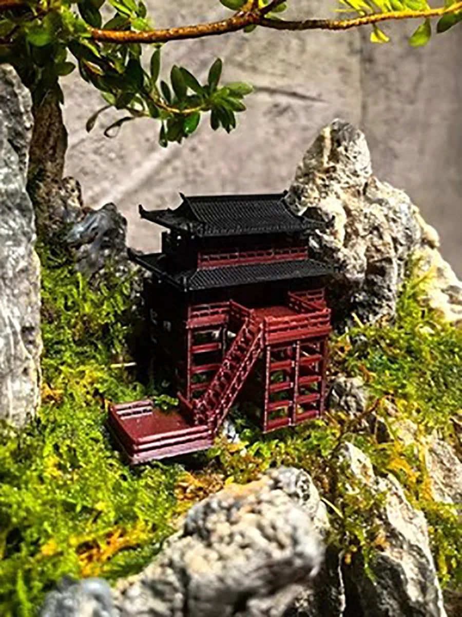 Stilted building landscape small ornaments, ancient architectural models, fake mountains,fish tanks, courtyard bonsai material