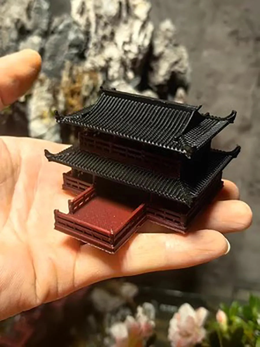 Stilted building landscape small ornaments, ancient architectural models, fake mountains,fish tanks, courtyard bonsai material