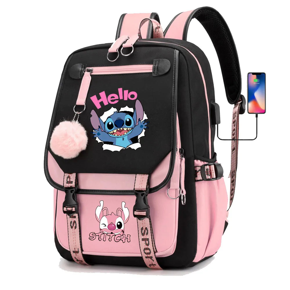 Stitch Boys Girls Kids School Book Bags Women USB Bagpack Teenagers Canvas Laptop Travel Student Backpack