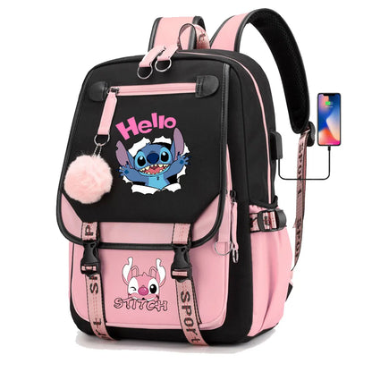 Stitch Boys Girls Kids School Book Bags Women USB Bagpack Teenagers Canvas Laptop Travel Student Backpack