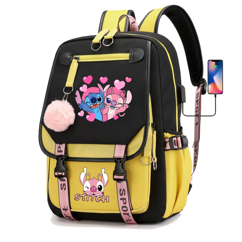 Stitch Boys Girls Kids School Book Bags Women USB Bagpack Teenagers Canvas Laptop Travel Student Backpack