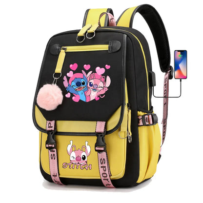 Stitch Boys Girls Kids School Book Bags Women USB Bagpack Teenagers Canvas Laptop Travel Student Backpack