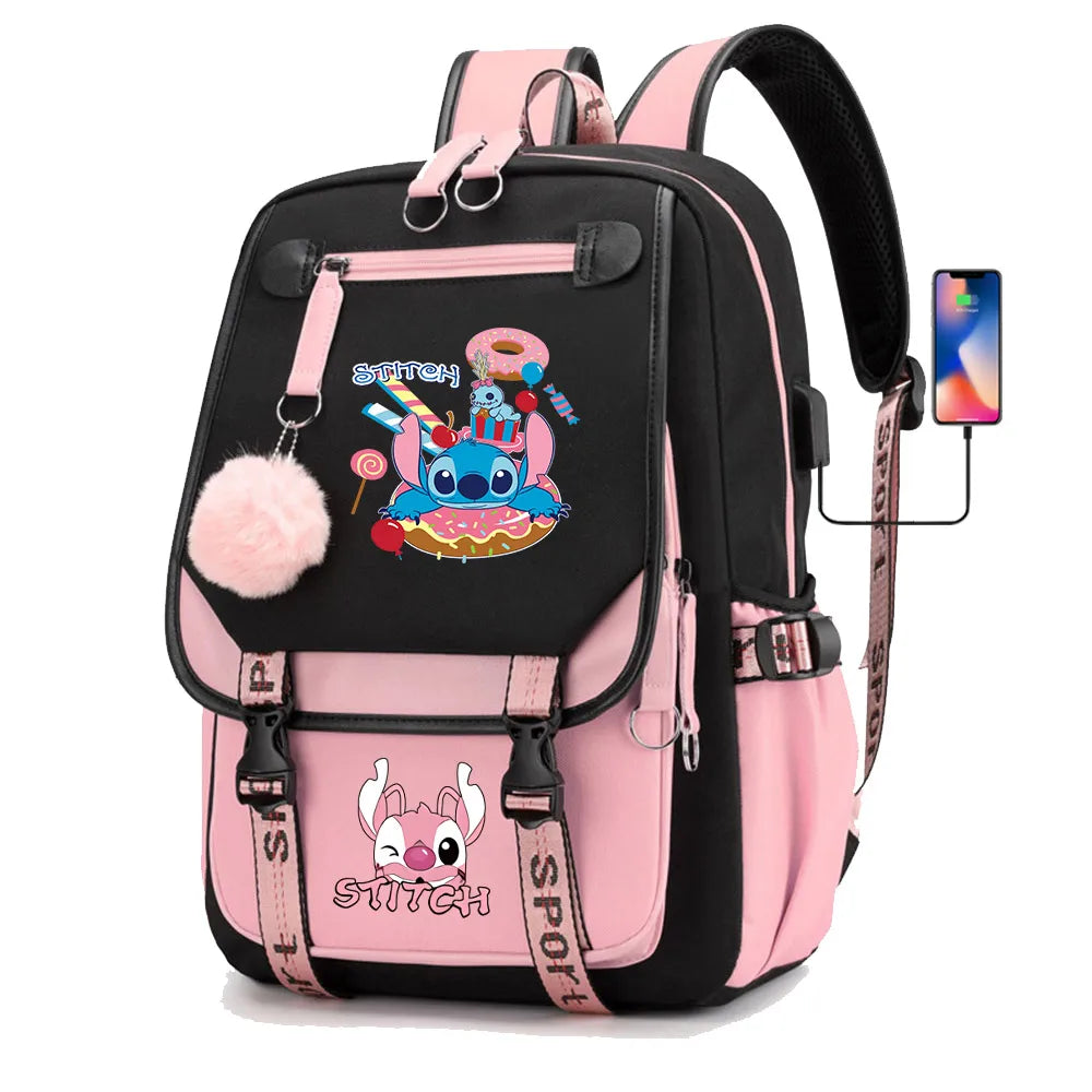Stitch Boys Girls Kids School Book Bags Women USB Bagpack Teenagers Canvas Laptop Travel Student Backpack