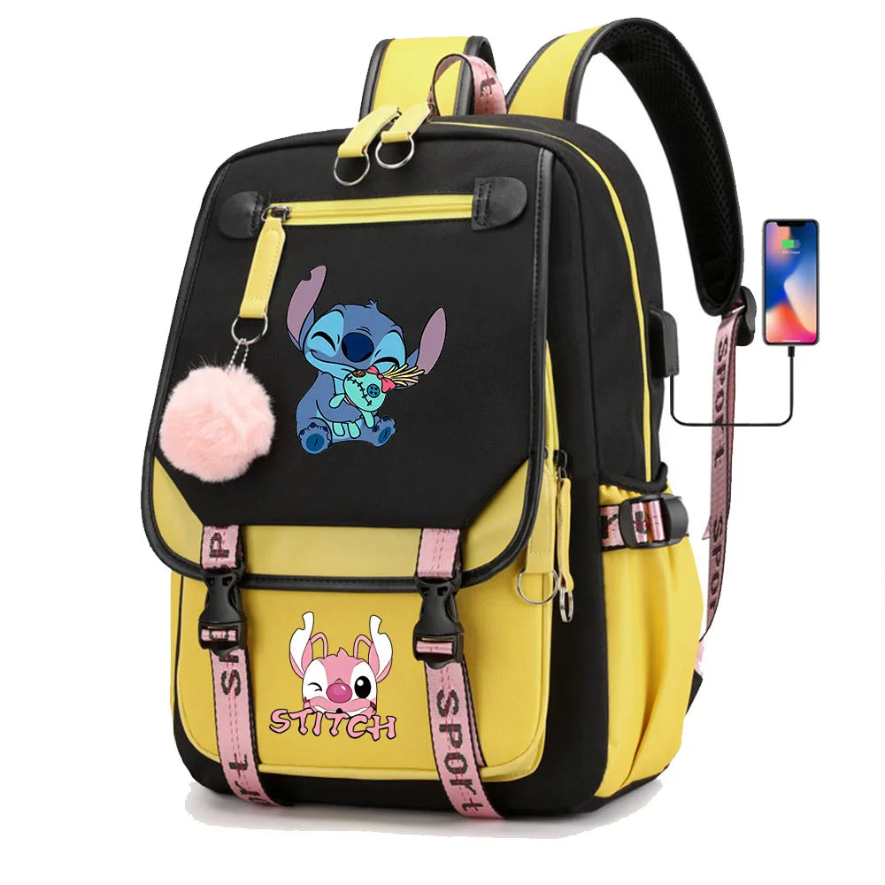 Stitch Boys Girls Kids School Book Bags Women USB Bagpack Teenagers Canvas Laptop Travel Student Backpack