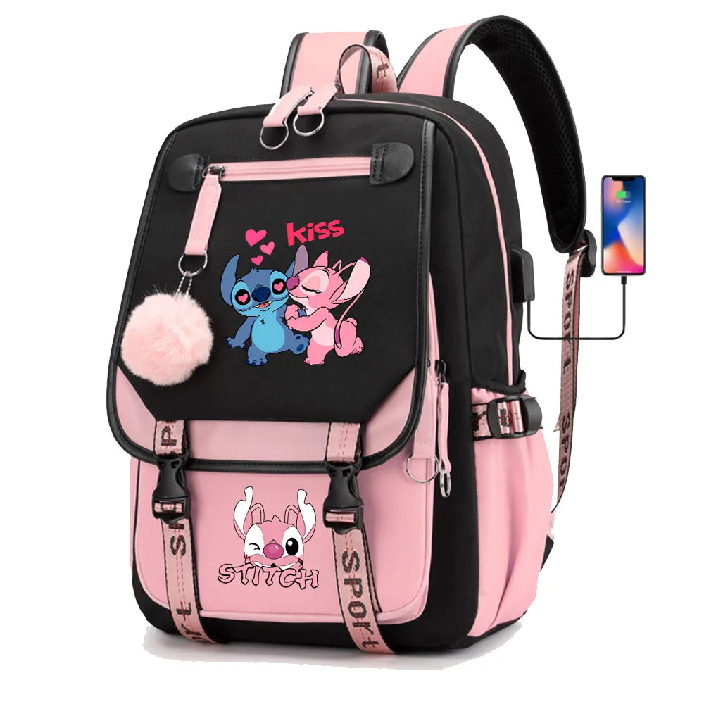 Stitch Boys Girls Kids School Book Bags Women USB Bagpack Teenagers Canvas Laptop Travel Student Backpack