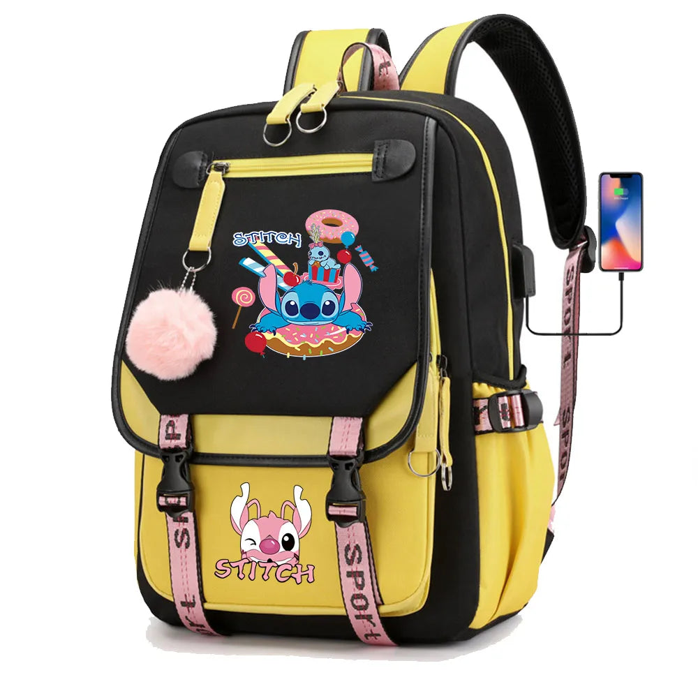 Stitch Boys Girls Kids School Book Bags Women USB Bagpack Teenagers Canvas Laptop Travel Student Backpack