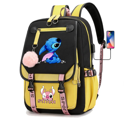 Stitch Boys Girls Kids School Book Bags Women USB Bagpack Teenagers Canvas Laptop Travel Student Backpack