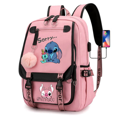 Stitch Boys Girls Kids School Book Bags Women USB Bagpack Teenagers Canvas Laptop Travel Student Backpack