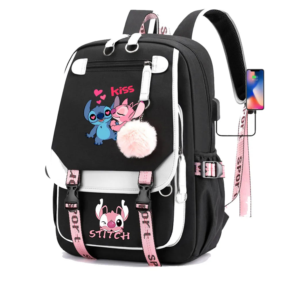 Stitch Boys Girls Kids School Book Bags Women USB Bagpack Teenagers Canvas Laptop Travel Student Backpack