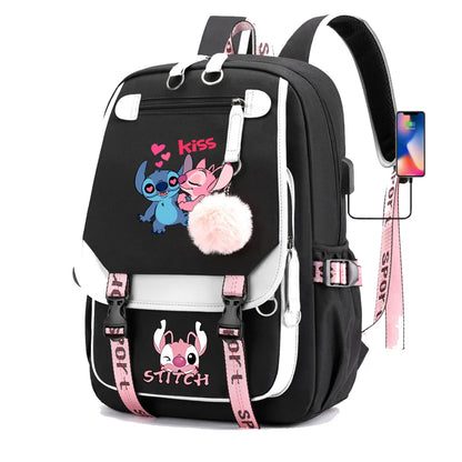 Stitch Boys Girls Kids School Book Bags Women USB Bagpack Teenagers Canvas Laptop Travel Student Backpack