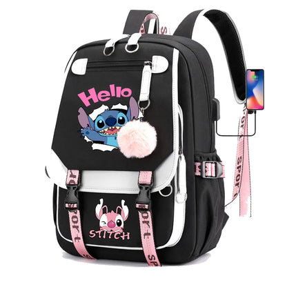 Stitch Boys Girls Kids School Book Bags Women USB Bagpack Teenagers Canvas Laptop Travel Student Backpack