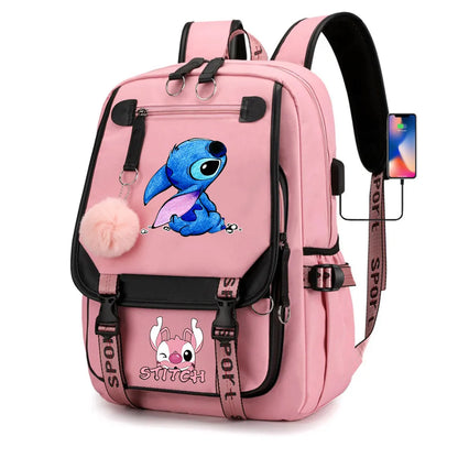 Stitch Boys Girls Kids School Book Bags Women USB Bagpack Teenagers Canvas Laptop Travel Student Backpack