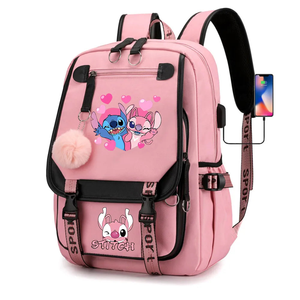 Stitch Boys Girls Kids School Book Bags Women USB Bagpack Teenagers Canvas Laptop Travel Student Backpack
