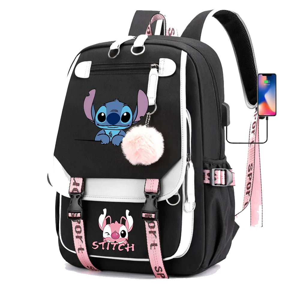 Stitch Boys Girls Kids School Book Bags Women USB Bagpack Teenagers Canvas Laptop Travel Student Backpack
