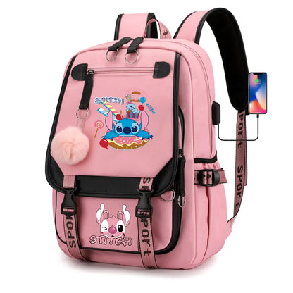 Stitch Boys Girls Kids School Book Bags Women USB Bagpack Teenagers Canvas Laptop Travel Student Backpack