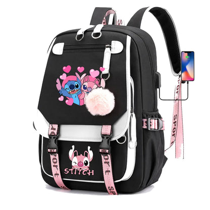 Stitch Boys Girls Kids School Book Bags Women USB Bagpack Teenagers Canvas Laptop Travel Student Backpack