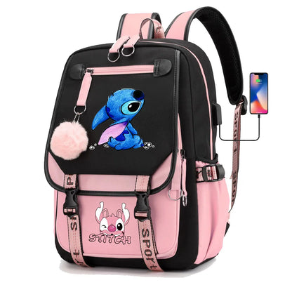 Stitch Boys Girls Kids School Book Bags Women USB Bagpack Teenagers Canvas Laptop Travel Student Backpack