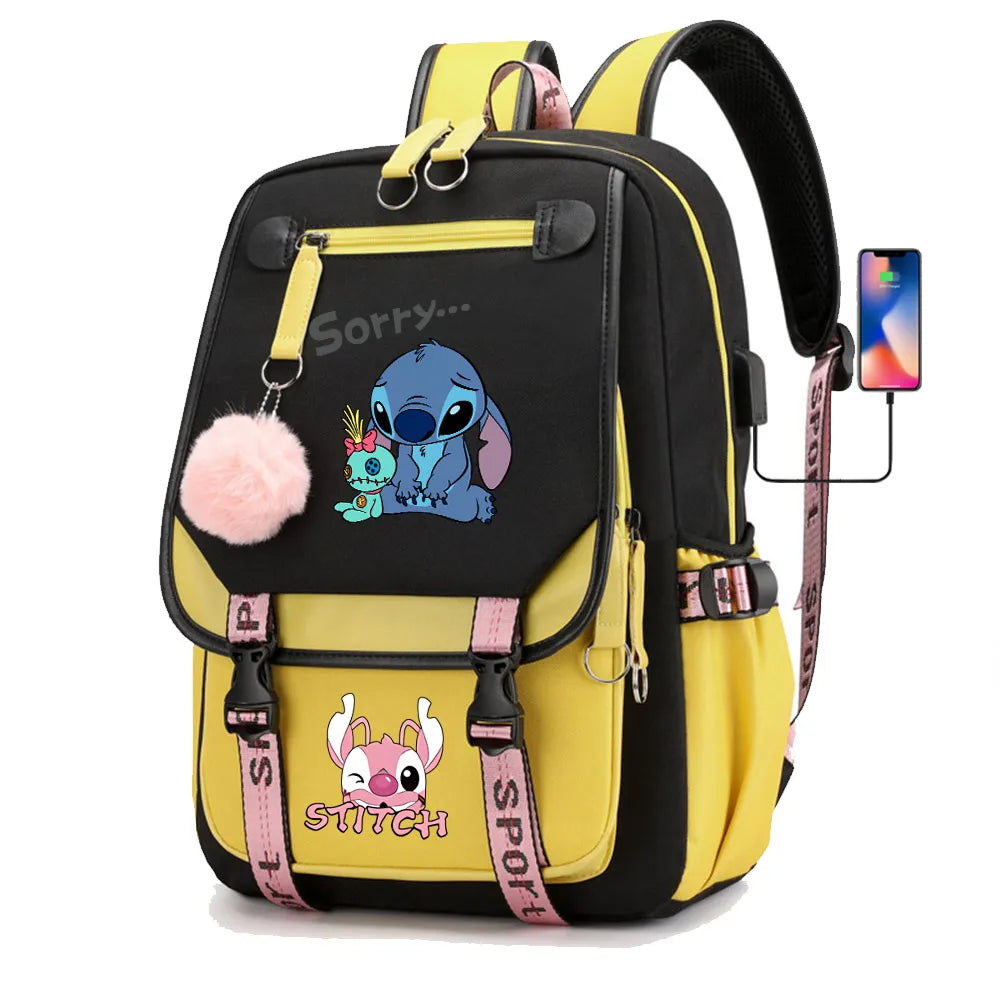 Stitch Boys Girls Kids School Book Bags Women USB Bagpack Teenagers Canvas Laptop Travel Student Backpack