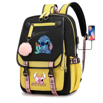 Stitch Boys Girls Kids School Book Bags Women USB Bagpack Teenagers Canvas Laptop Travel Student Backpack