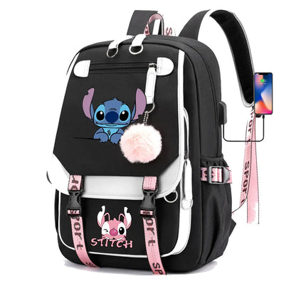 Stitch Boys Girls Kids School Book Bags Women USB Bagpack Teenagers Canvas Laptop Travel Student Backpack