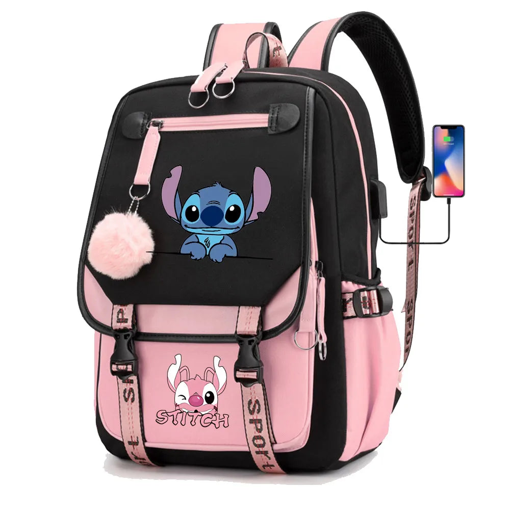 Stitch Boys Girls Kids School Book Bags Women USB Bagpack Teenagers Canvas Laptop Travel Student Backpack