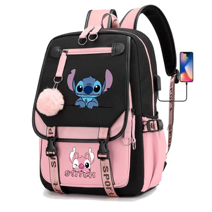 Stitch Boys Girls Kids School Book Bags Women USB Bagpack Teenagers Canvas Laptop Travel Student Backpack