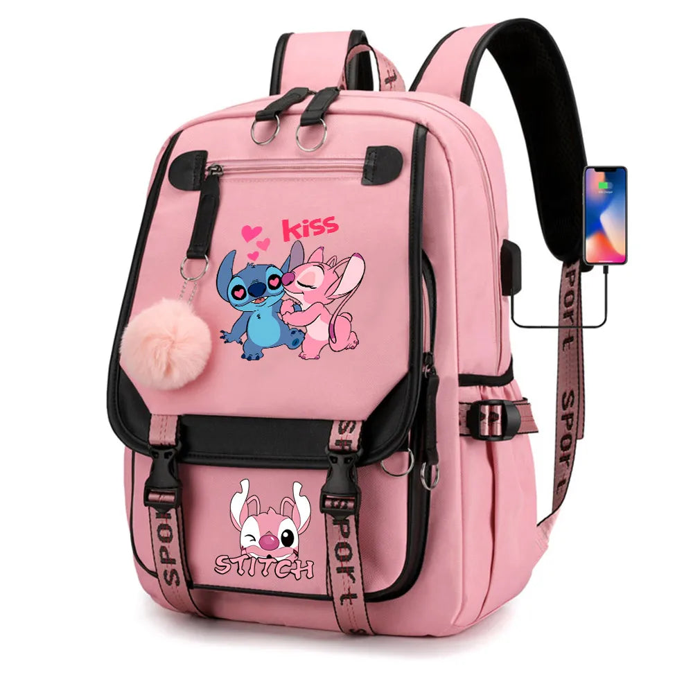 Stitch Boys Girls Kids School Book Bags Women USB Bagpack Teenagers Canvas Laptop Travel Student Backpack
