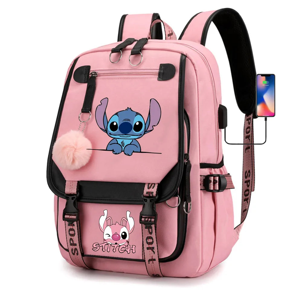 Stitch Boys Girls Kids School Book Bags Women USB Bagpack Teenagers Canvas Laptop Travel Student Backpack