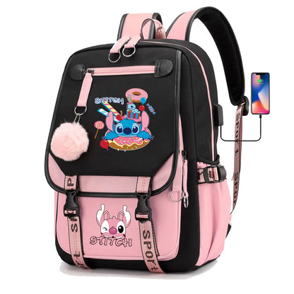 Stitch Boys Girls Kids School Book Bags Women USB Bagpack Teenagers Canvas Laptop Travel Student Backpack